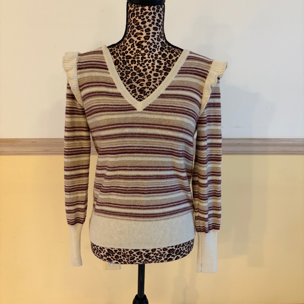 Joie XS Wool Cashmere Striped V-Neck Ruffle Shoulder Sweater B63-K2480D Metallic